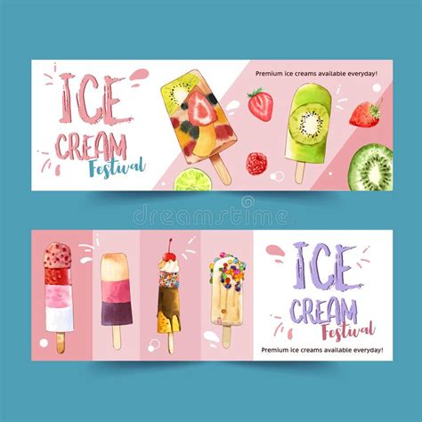 Ice Cream Banner Design With Mix Fruits Watercolor Illustration Stock