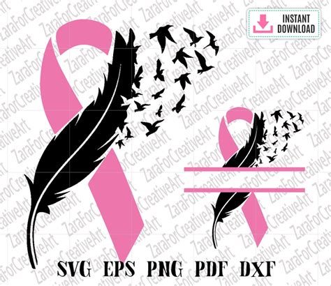 Breast Cancer Svg Split Svg Ribbon Feather And Birds Svg Breast Cancer