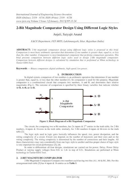 PDF 2 Bit Magnitude Comparator Design Using Different Logic Styles