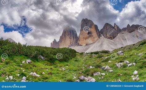 Three Peaks Of Lavaredo In Summer Season Italian Dolomites Stock Photo