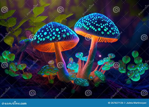 Mystic Spotted Fluorescent Mushrooms Growing Generative AI Stock Photo