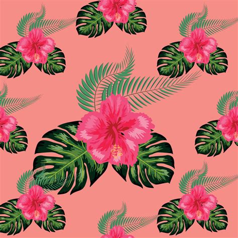 Seamless Pattern With Tropical Leaves Hibiscus Flowers 11823528 Vector