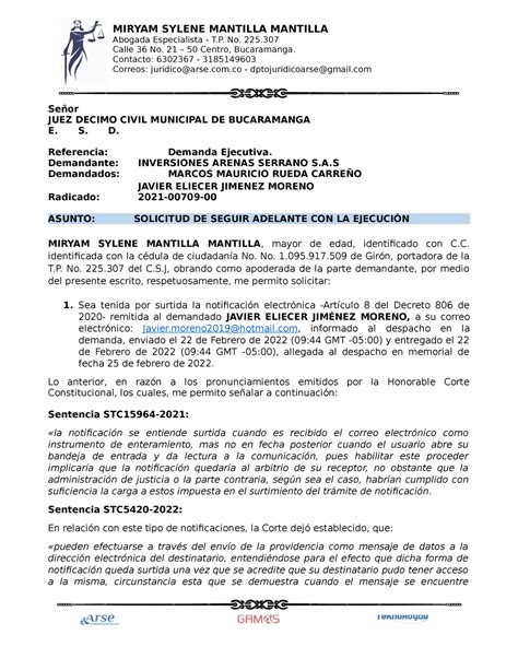 Solicitud Seguir Adelante Con La Ejecuci N Se Or Juez Decimo Civil