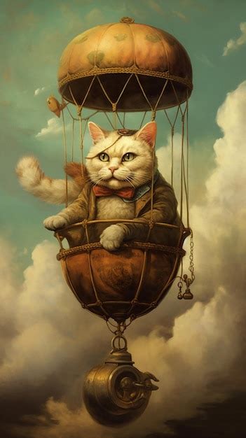 Premium AI Image | Painting of a cat in a hot air balloon with a bird generative ai