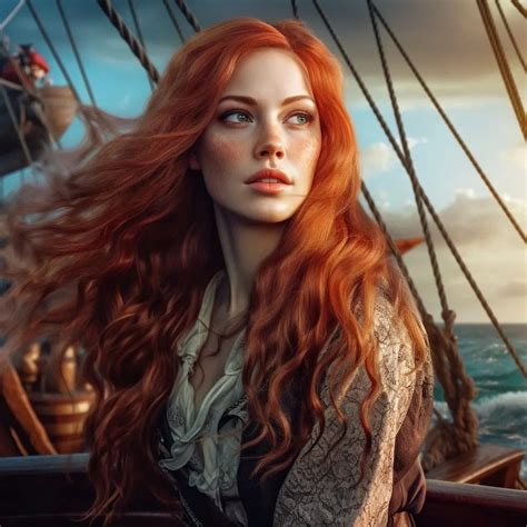 A Woman With Long Red Hair Standing On The Deck Of A Ship