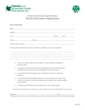 Fillable Online Bench Dedication Application Monmouth County Fax