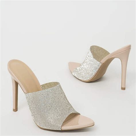 Wild Diva Shoes New Nude Peeptoe Rhinestone Stiletto Mule Sandal