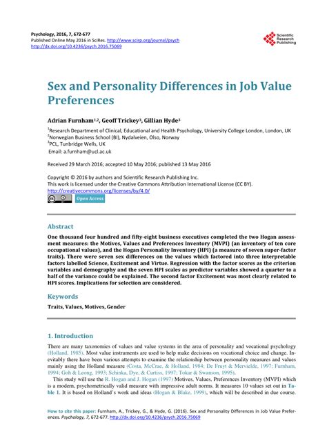 Pdf Sex And Personality Differences In Job Value Preferences