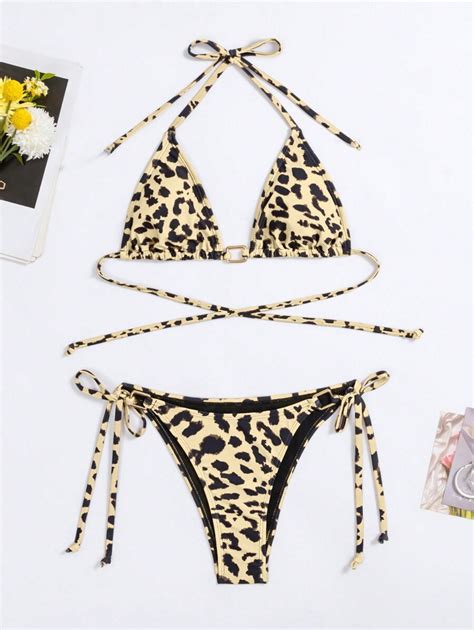 Shein Swim Womens Leopard Print Halter Neck Tie Sexy Bikini Set For