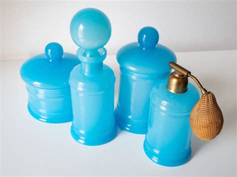 Vintage Blue Opaline Glass Vanity Set Veritable Opaline De Murano Turquoise Dresser Set