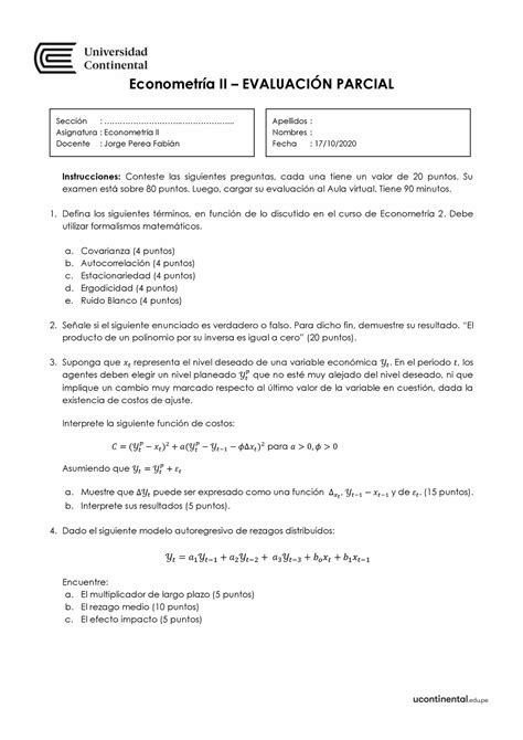 Evaluaci N Parcial Econometr A Econometr A Ii Evaluaci N Parcial