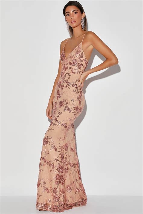 Shine Language Rose Gold Sequin Mermaid Maxi Dress Patterned