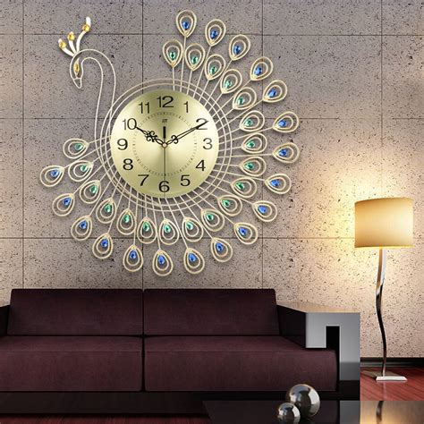 Large 3D Gold Diamond Peacock Wall Clock Metal Watch for Home Living ...