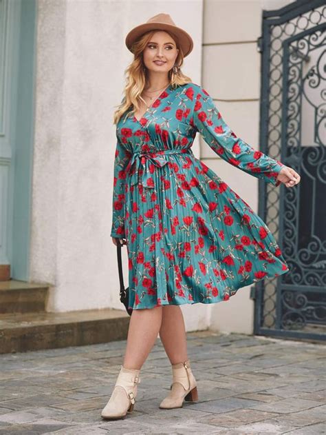 Plus Floral Print Pleated Hem Belted Dress SHEIN USA Plus Size