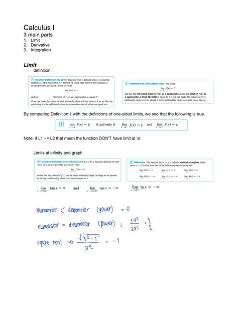 Calculus I Limit Calculus I 3 Main Parts 1 Limit 2 Derivative 3 Integration Limit