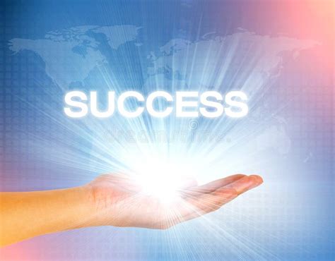 Success Text And Light In Hand On Blue Technology Background Stock