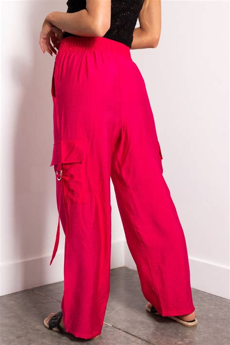 Hot Pink Faux Linen Wide Leg Cargo Pants Lime Lush Boutique