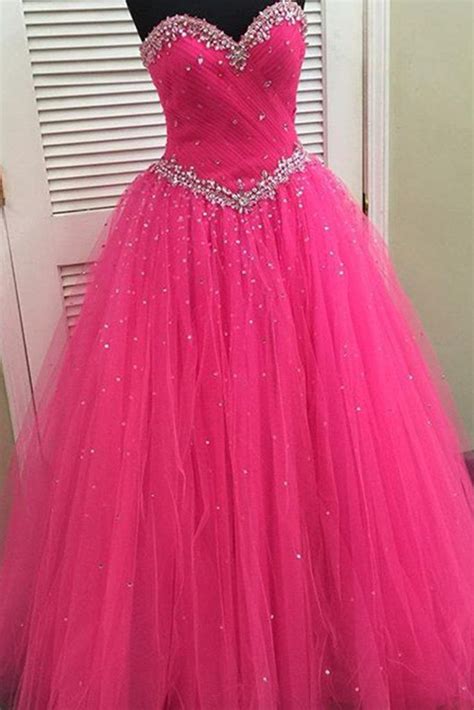 Hot Pink Organza Sweetheart Sequins A Line Long Prom Dresses Evening