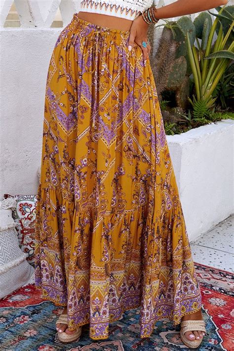 Orange Boho Floral Print Ruffled Elastic High Waist Maxi Skirt Long