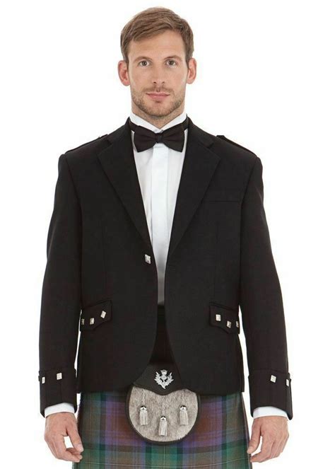 Scotish Handmade Argyle Black Wool Kilt Jacket With Waistcoat For