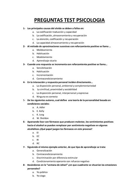 Test de preguntas de psicología autoconocimiento y evaluación