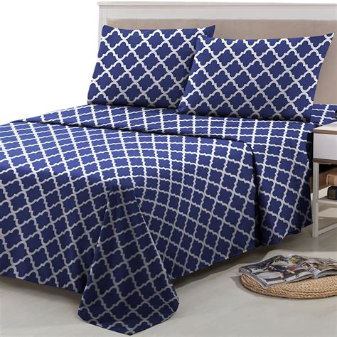 Lux Decor Collection Quatrefoil Bed Sheet Set Queen Navy Blue 4