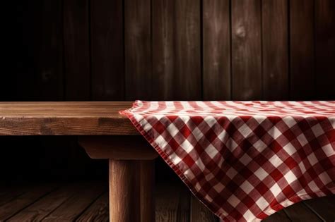 Mesa De Madera Con Mantel A Cuadros Rojo Y Blanco Ia Generativa Foto