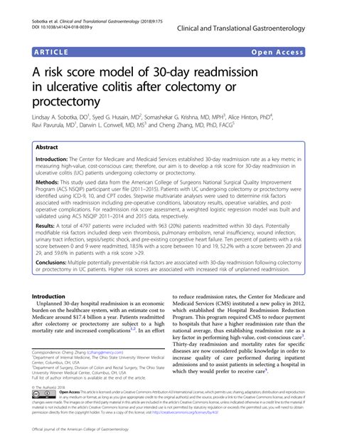 (PDF) A risk score model of 30-day readmission in ulcerative colitis after colectomy or proctectomy