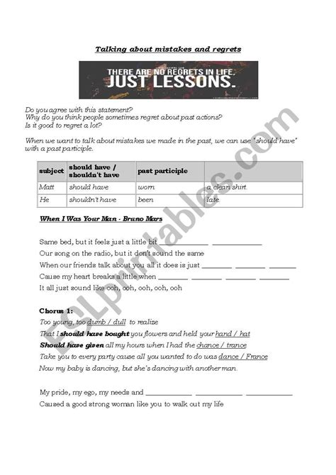 When I Was Your Man ESL Worksheet By Renatasalema