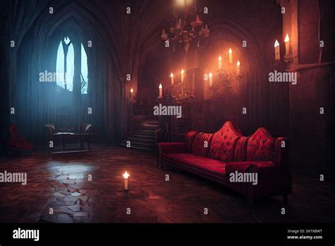 Interior of Dracula castle, victorian living room with table, sofa and ...