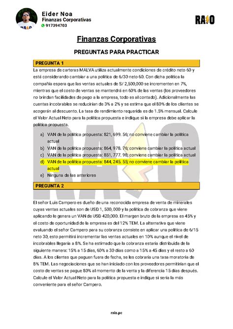 Fi Corpo Preguntas Para Practicar Finanzas Corporativas