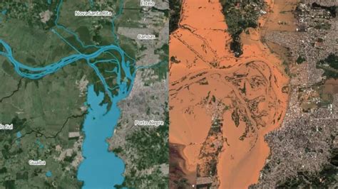 Imagens de satélite mostram antes e durante enchente em Porto Alegre