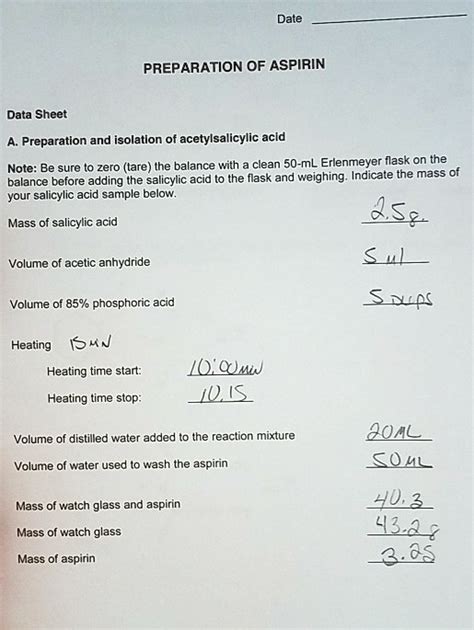 Solved Date Preparation Of Aspirin Data Sheet A Preparation And