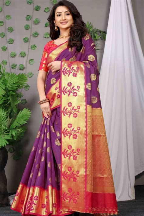 Woven Banarasi Silk Saree In Purple Ucchal Fashion