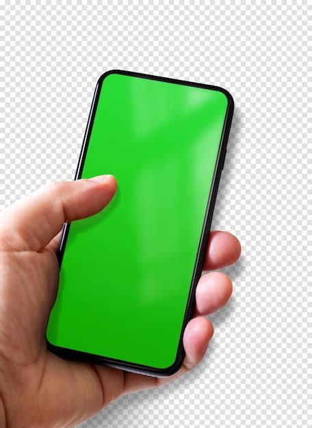 M O Segurando Um Smartphone Tela Verde Em Branco Isolada Em Fundo