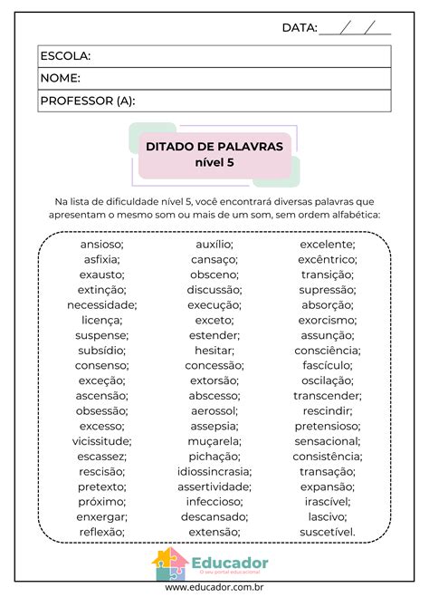 Palavras para ditado listas vários níveis de dificuldade Educador