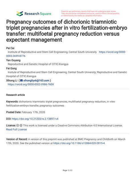 Pdf Pregnancy Outcomes Of Dichorionic Triamniotic Triplet Pregnancies