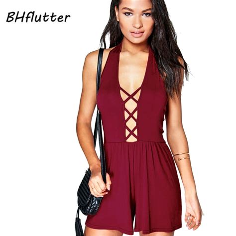 Bhflutter Deep V Lace Up Sexy Rompers Overalls 2017 New Fashion Women