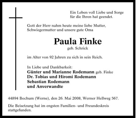 Traueranzeigen Von Paula Finke Trauer In NRW De