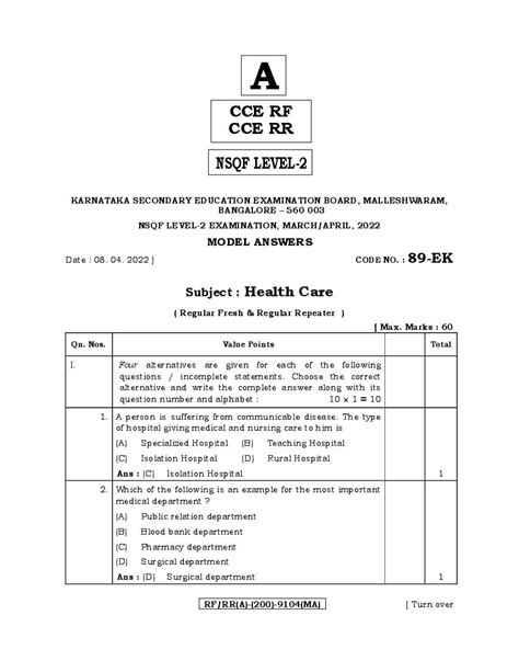 Karnataka SSLC Question Paper 2022 Answer Key Health Care