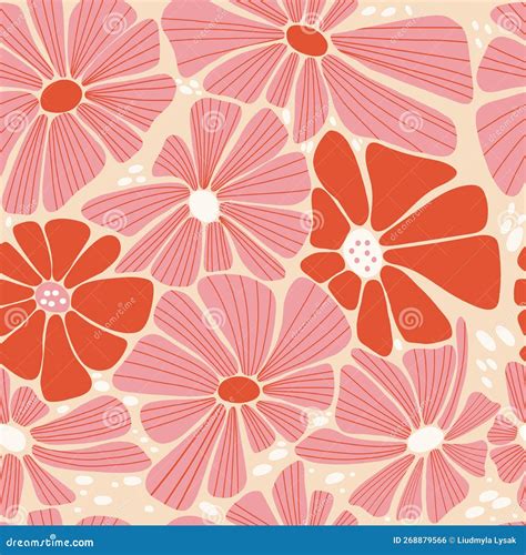 Retro Floral Seamless Pattern Abstract Groovy Daisy Flower On Beige Background Vector