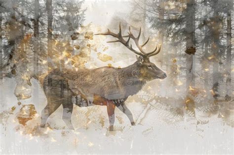 A Majestic Stag Merged With The Mystical Aura Of A Foggy Woodland In A