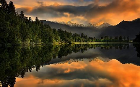 Wallpaper 1230x768 Px Calm Clouds Forest Lake Landscape