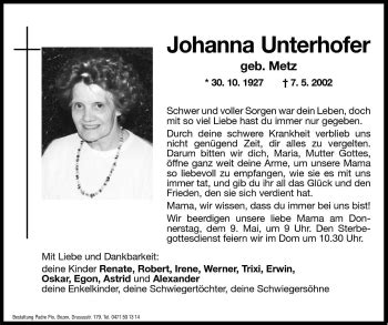 Traueranzeigen Von Johanna Unterhofer Trauer Bz