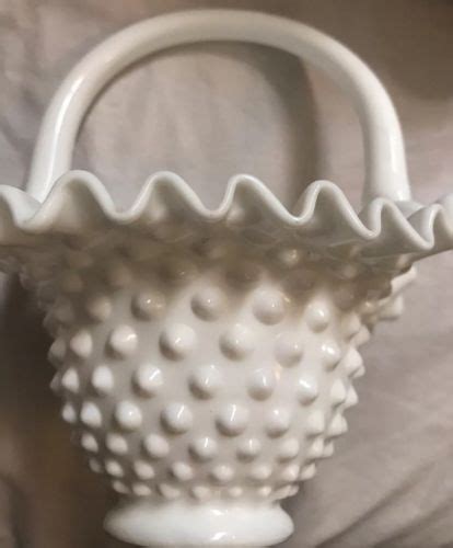 Vintage Fenton Milk Glass Hobnail Brides Basket Ruffled Edge Tall