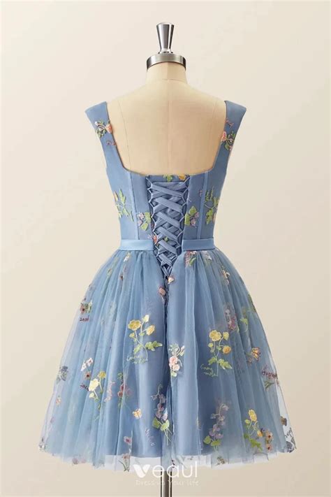 Chic Belle Bleu Ciel Fleur Floral Courte De Retour Robe De Graduation