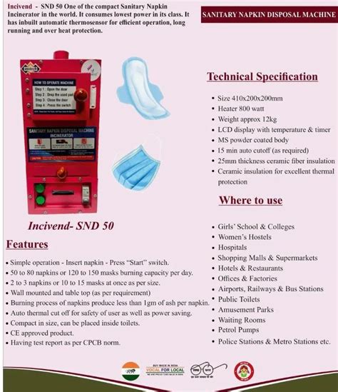 Electrical Sanitary Napkin Destroyer Service For School Colleges