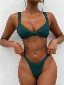 Off Zaful Cheeky Ribbed Bikini Swimsuit In Deep Green Zaful