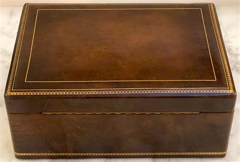 Italian Midcentury Brown Leather Neoclassical Humidor With Gilt Tooling