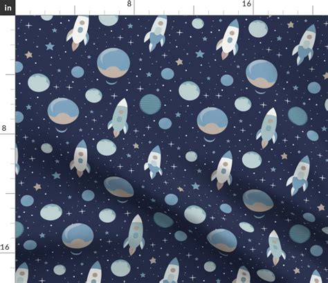 Blue Tan Rockets Space Ship Outer Space Fabric Spoonflower